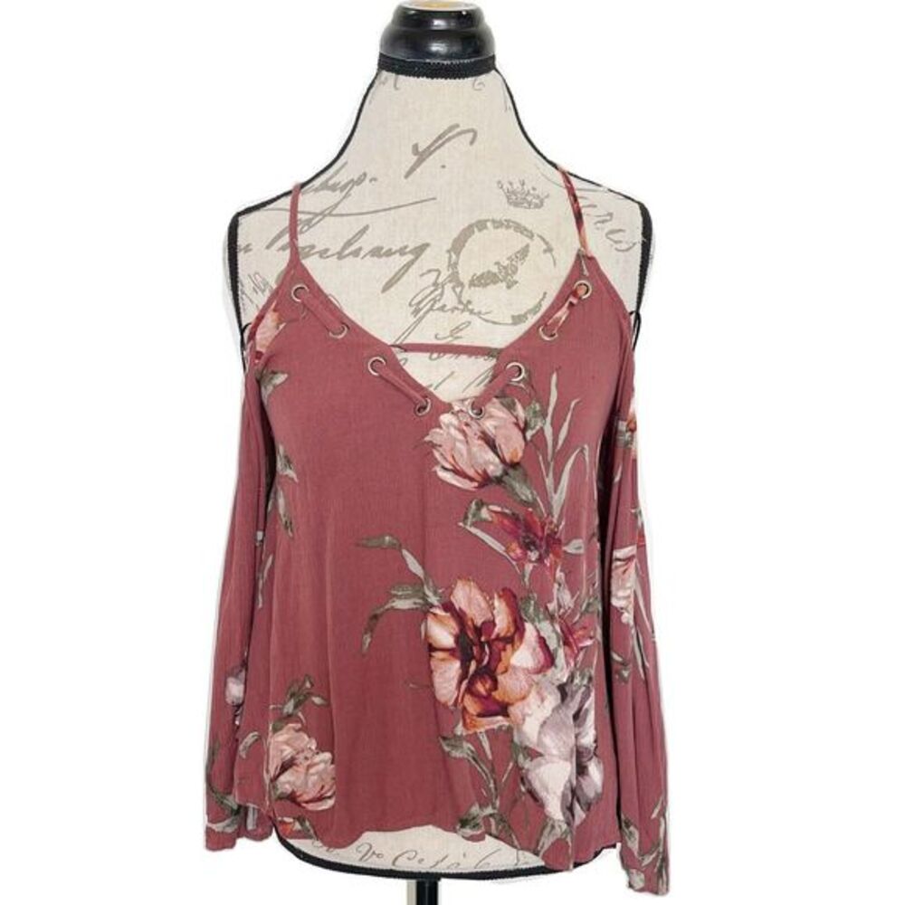 Sage Womens Cold Shoulder  Blouse Boho Print Flowy Southwestern Crinkle Sz Small